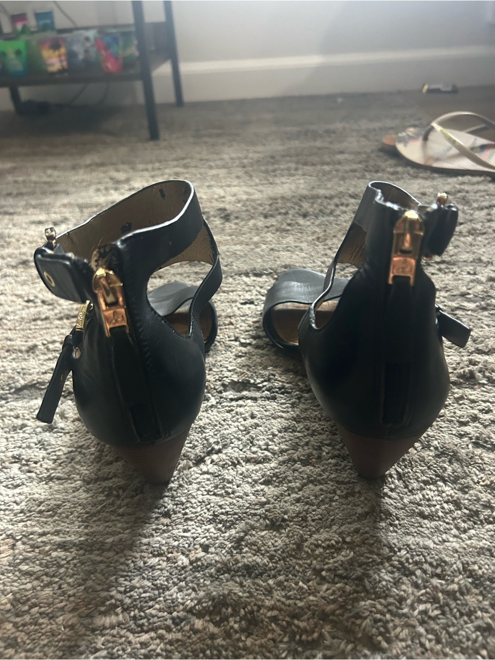 Sam Edelman Black Open-Toe Ankle-Strap Heels with Gold Buckles - Picture 4 of 6